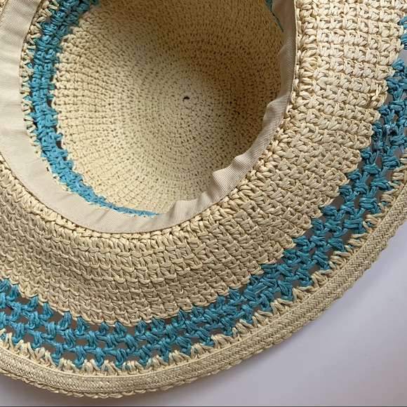 Boho wide brim round beach sun hat woven straw beads turquoise blue cream summer - Picture 5 of 7